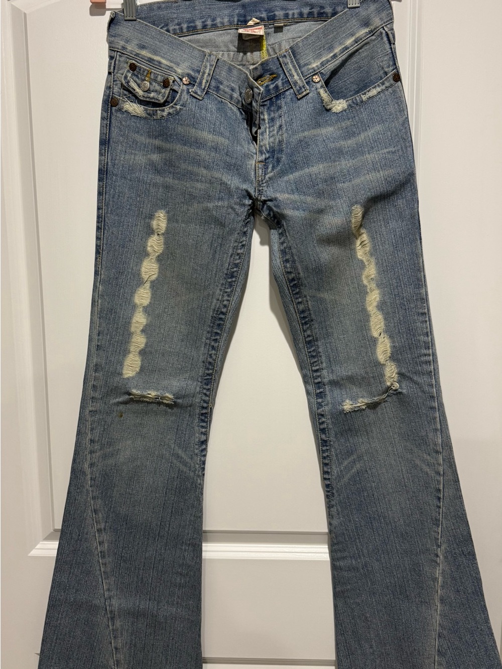 True Religion Distressed Rhinestone Horseshoe Bootcut Jeans Y2K